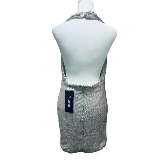 DO+BEl Women's Sequin Halter Ruffle Mini Dress Size M Beige NEW - Picture 2 of 9